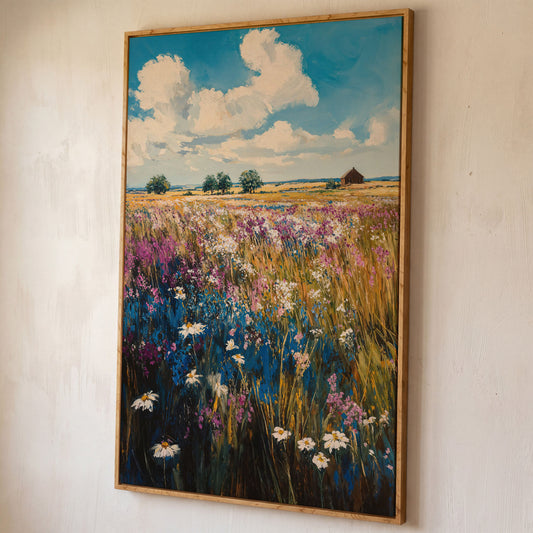 Summer Blooming Meadow Canvas Landscape shown in white oak floating frame
