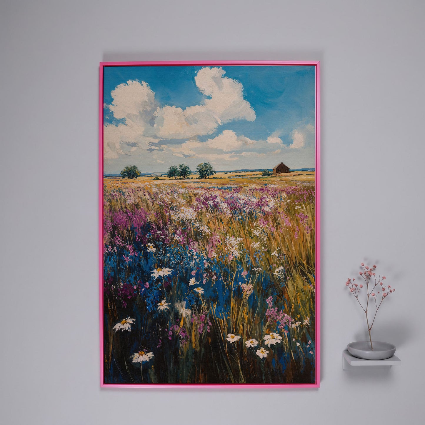 Summer Blooming Meadow Canvas Landscape in pink floating frame