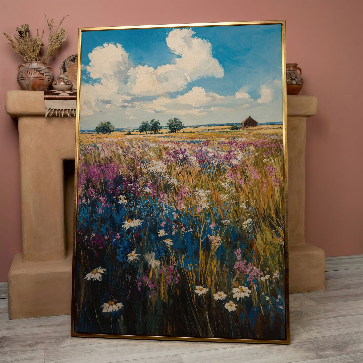 Summer Blooming Meadow Canvas Landscape in rose gold floating frame