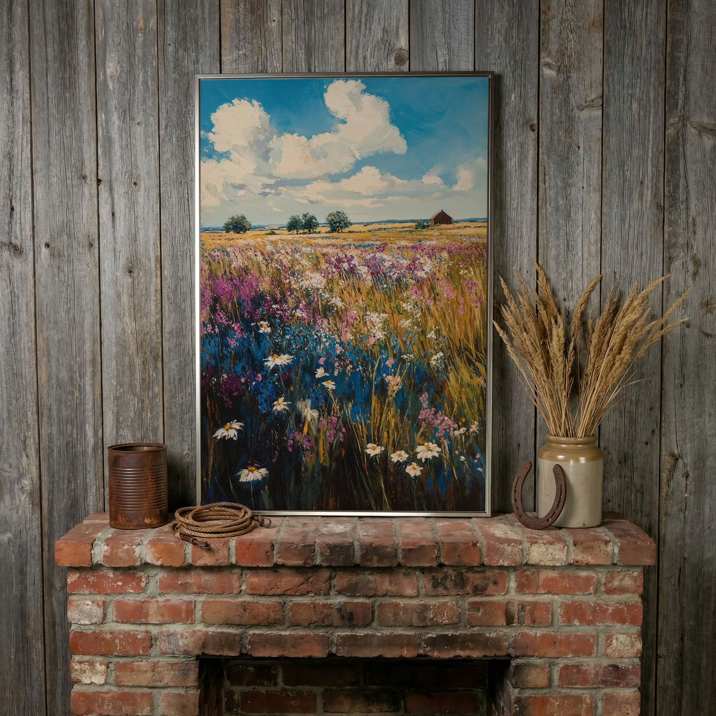 Summer Blooming Meadow Canvas Landscape in silver floating frame