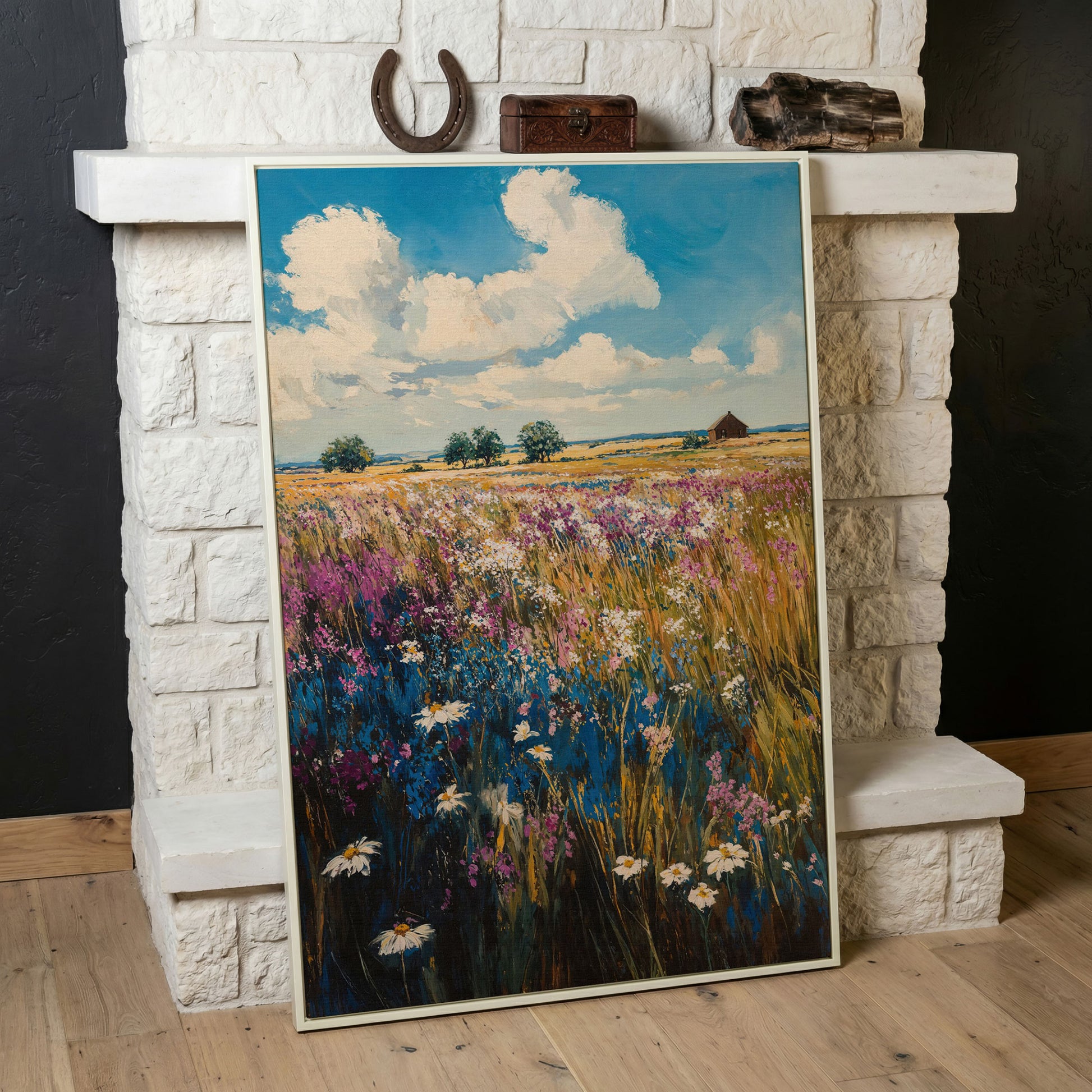 Summer Blooming Meadow Canvas Landscape in white floating frame
