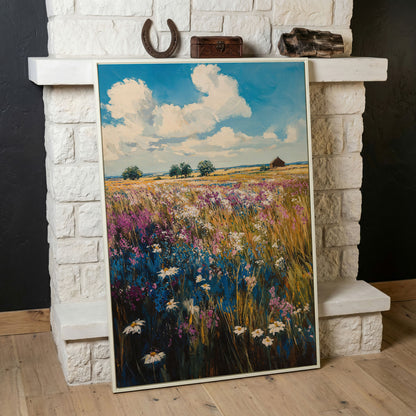 Summer Blooming Meadow Canvas Landscape in white floating frame
