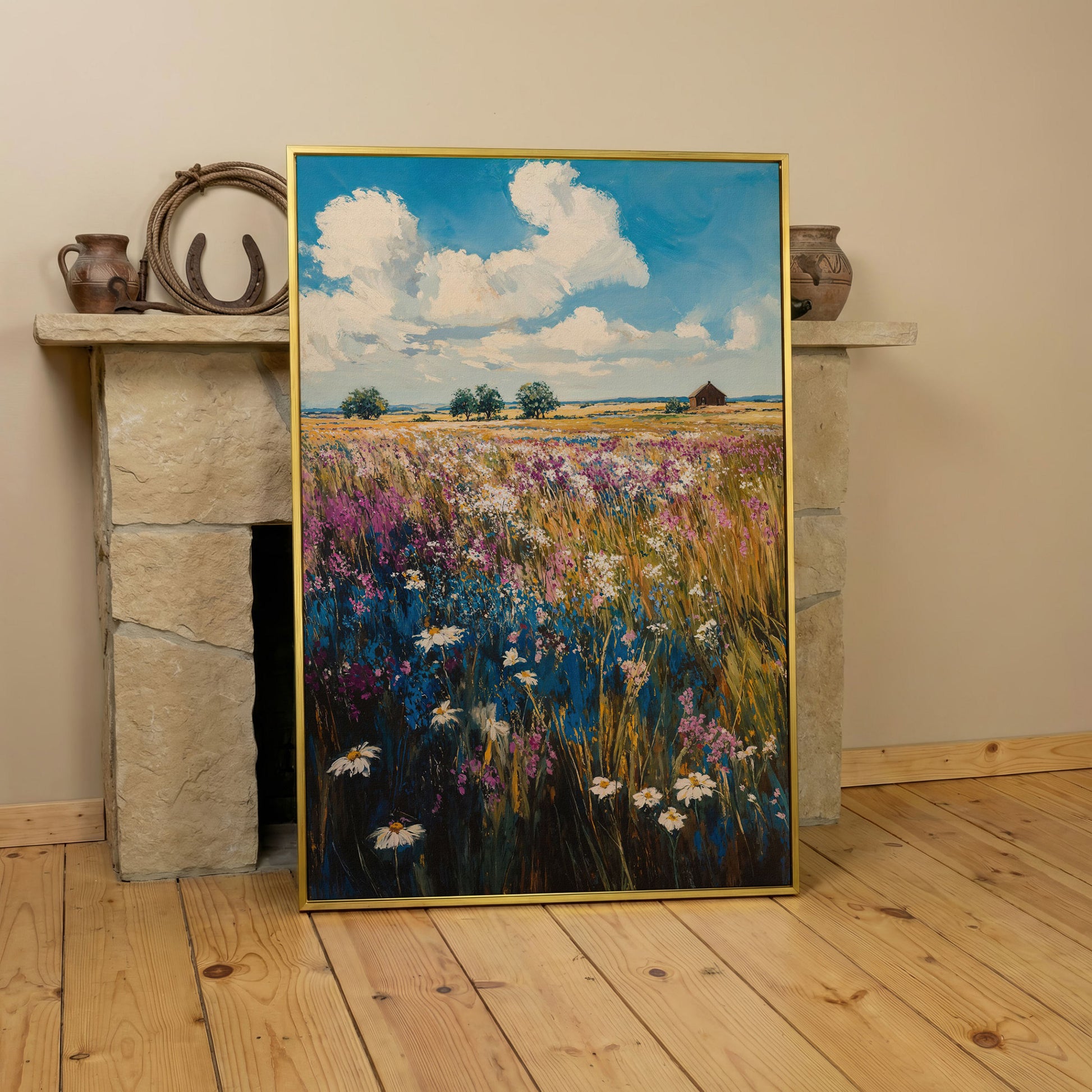 Summer Blooming Meadow Canvas Landscape in yellow gold floating frame