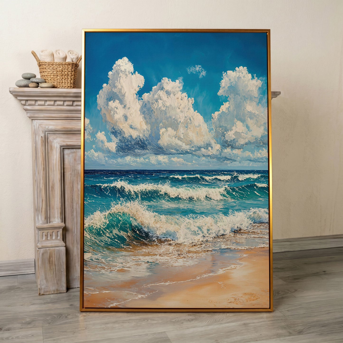 Blue Sky and Ocean Waves Canvas Print in antique gold floating frame