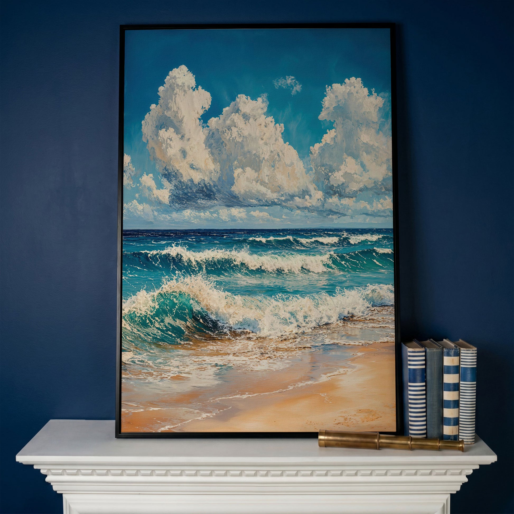 Blue Sky and Ocean Waves Canvas Print in black floating frame