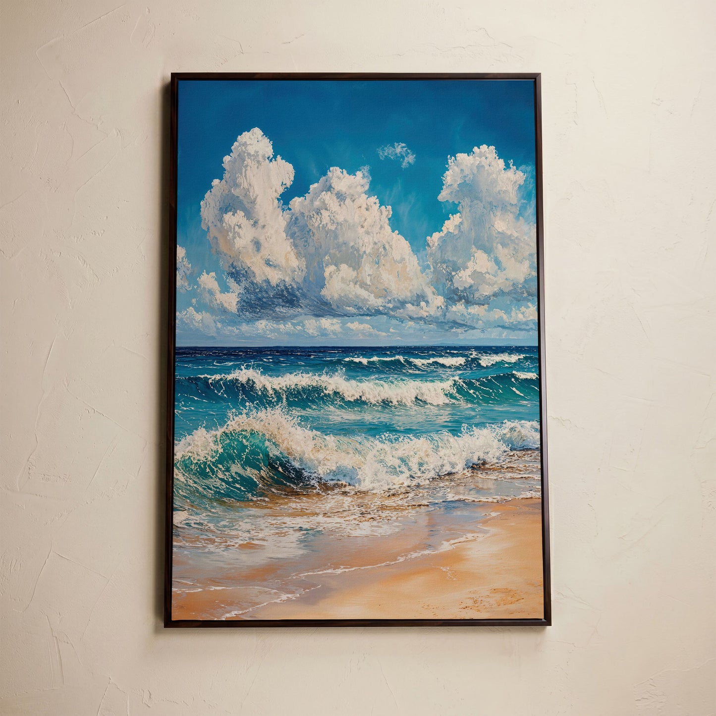 Blue Sky and Ocean Waves Canvas Print in dark walnut floating frame