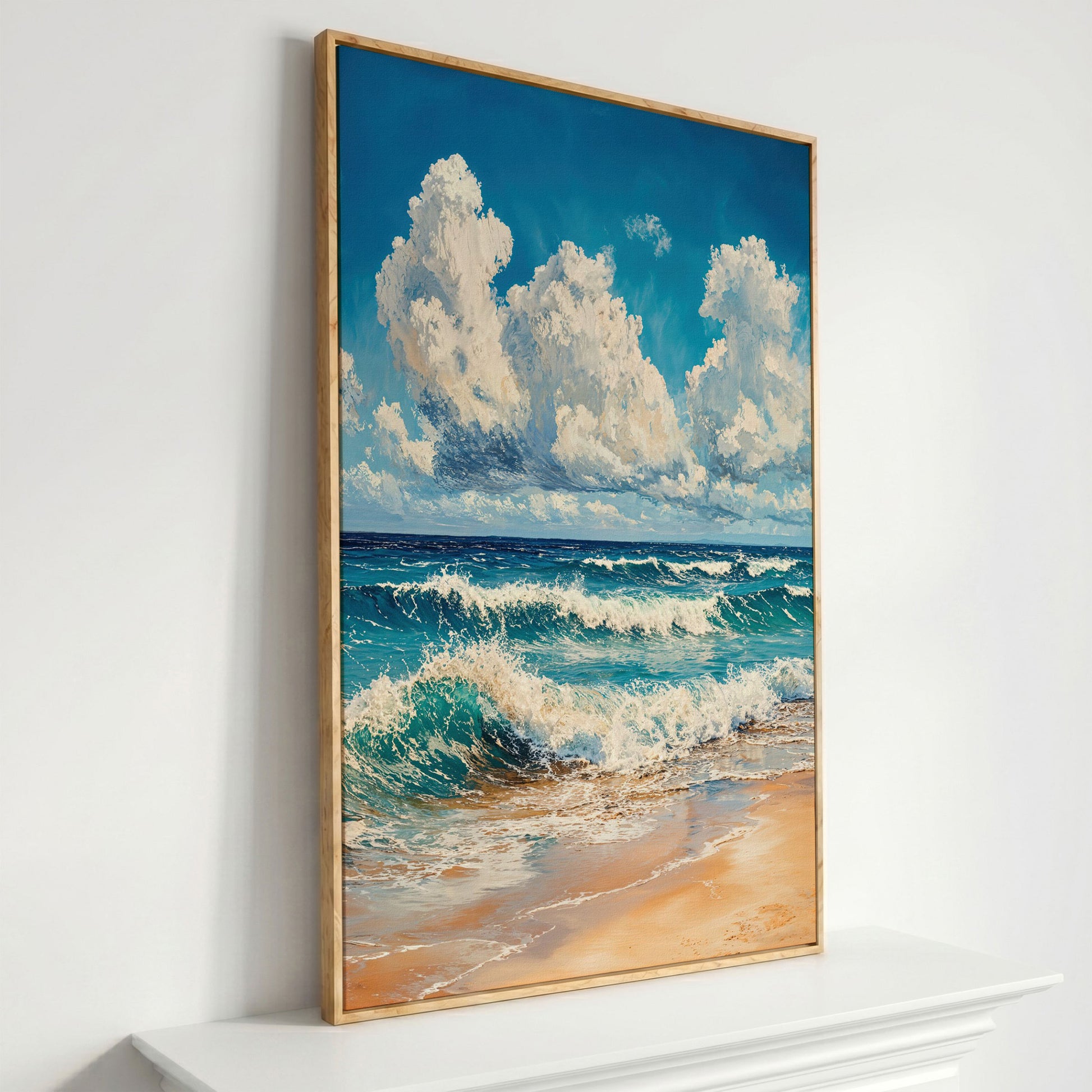 Blue Sky and Ocean Waves Canvas Print in white oak floating frame
