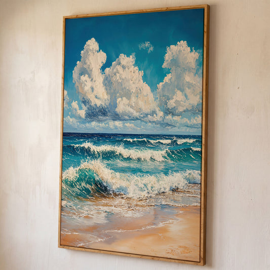 Blue Sky and Ocean Waves Canvas Print shown in white oak floating frame
