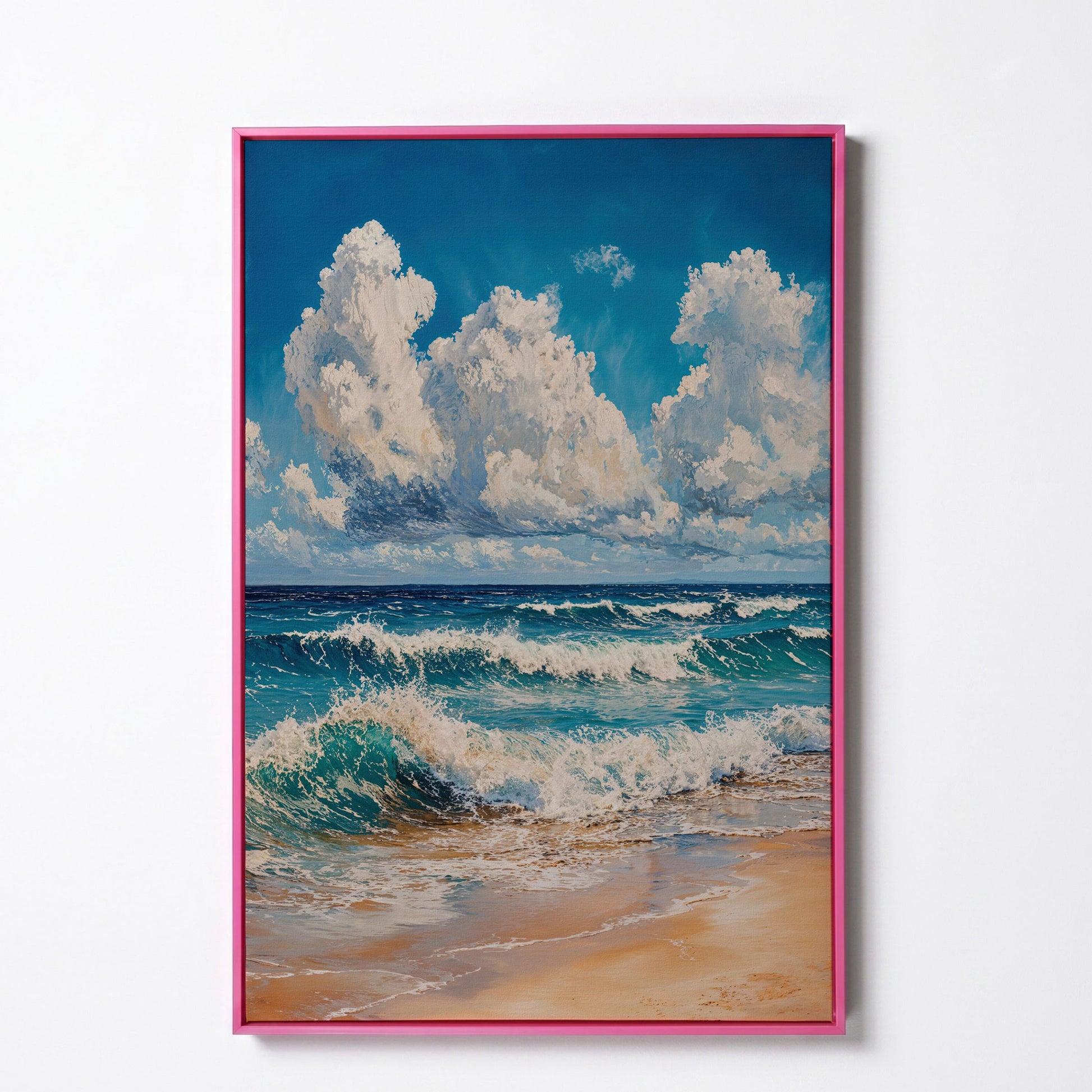 Blue Sky and Ocean Waves Canvas Print in pink floating frame