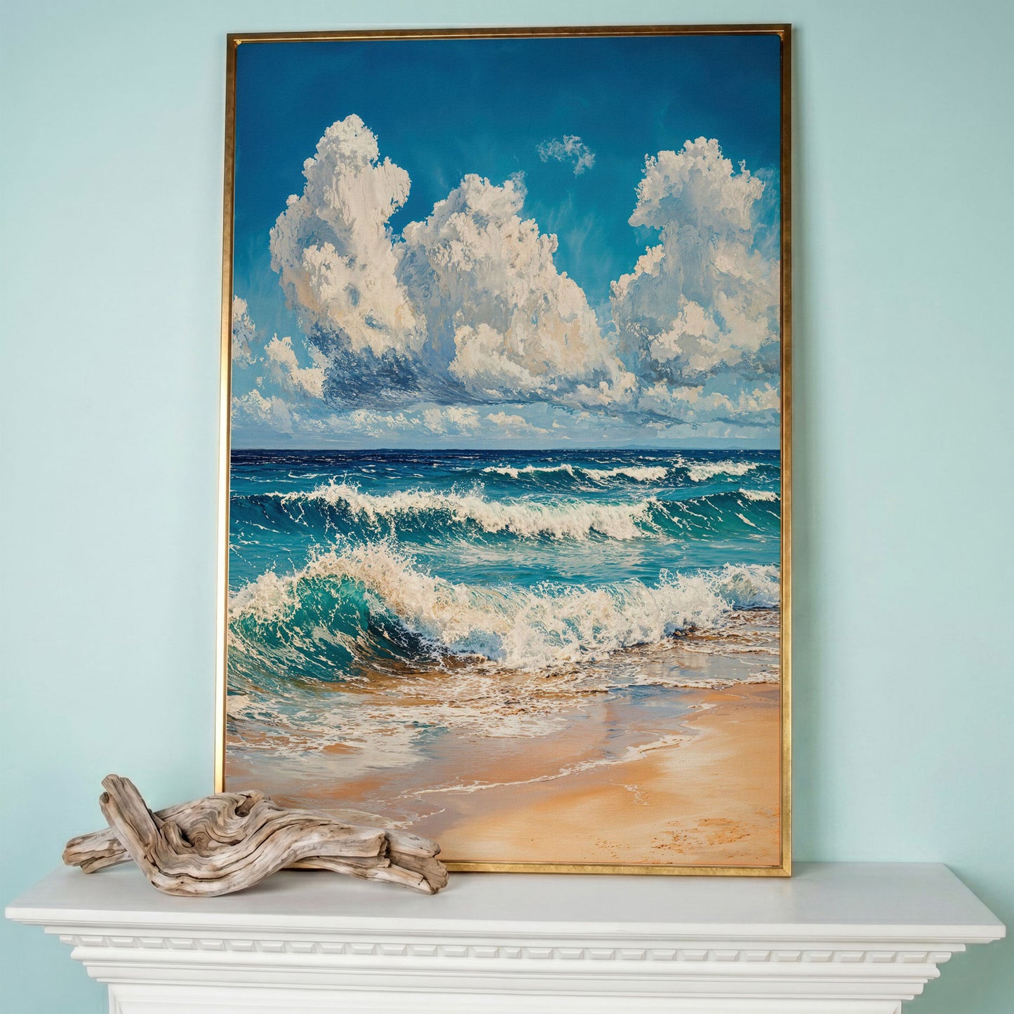 Blue Sky and Ocean Waves Canvas Print in rose gold floating frame