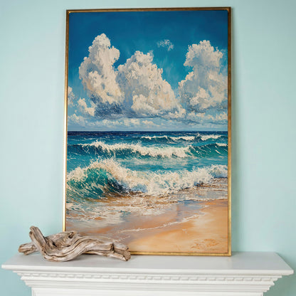 Blue Sky and Ocean Waves Canvas Print in rose gold floating frame