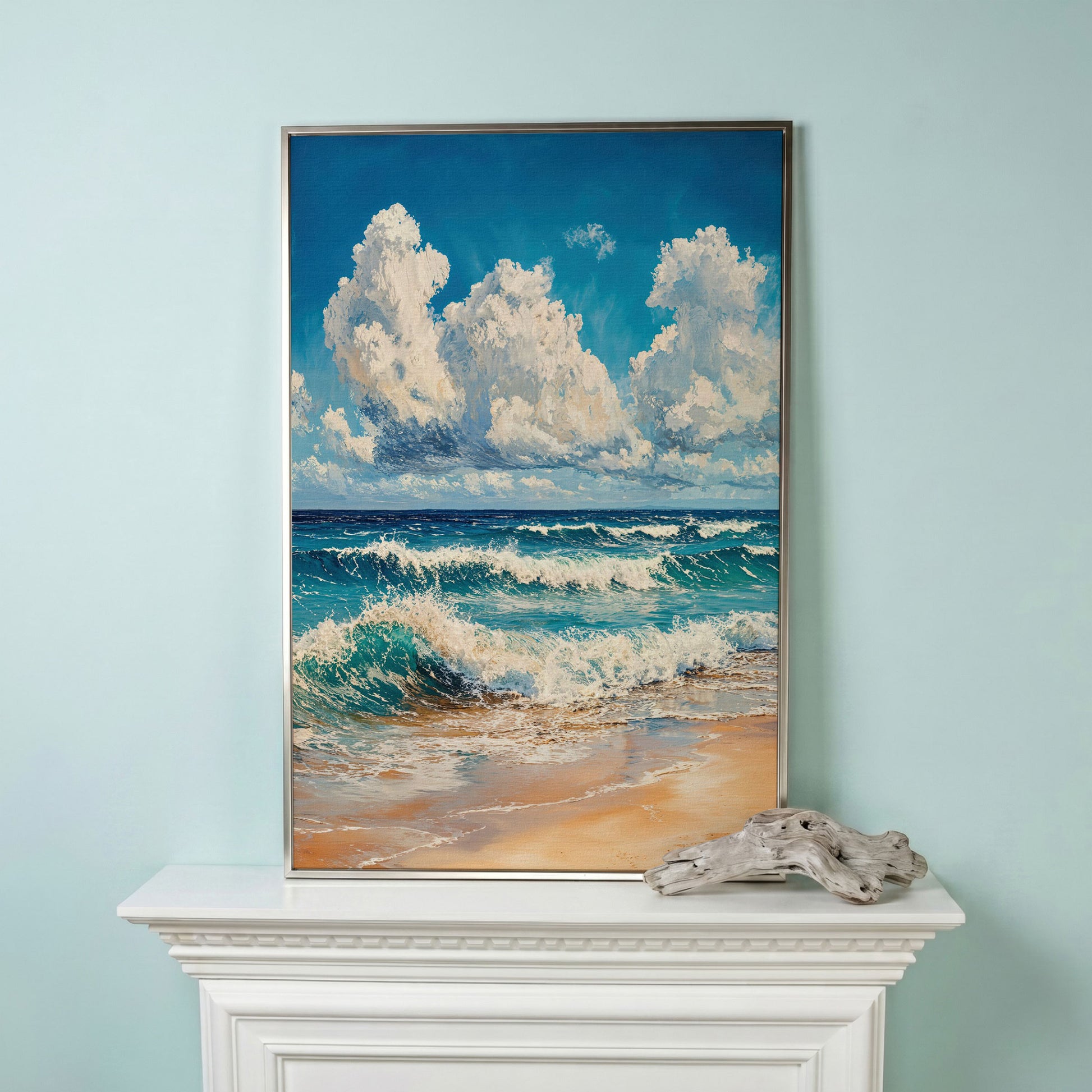 Blue Sky and Ocean Waves Canvas Print in silver floating frame