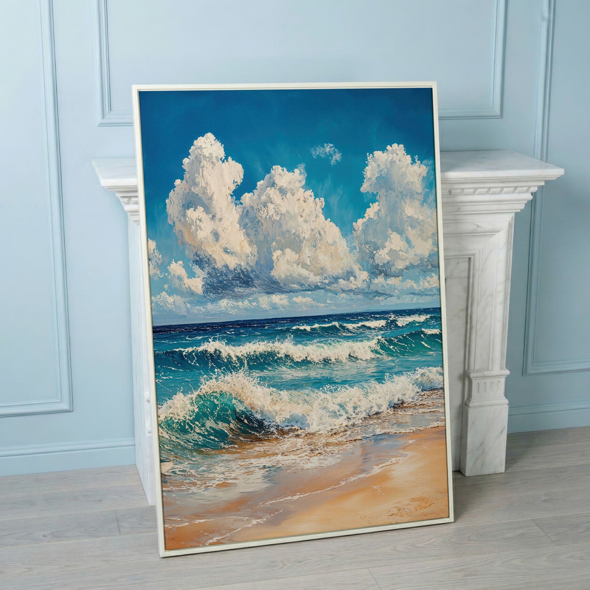 Blue Sky and Ocean Waves Canvas Print in white floating frame