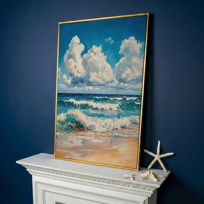 Blue Sky and Ocean Waves Canvas Print in yellow gold floating frame
