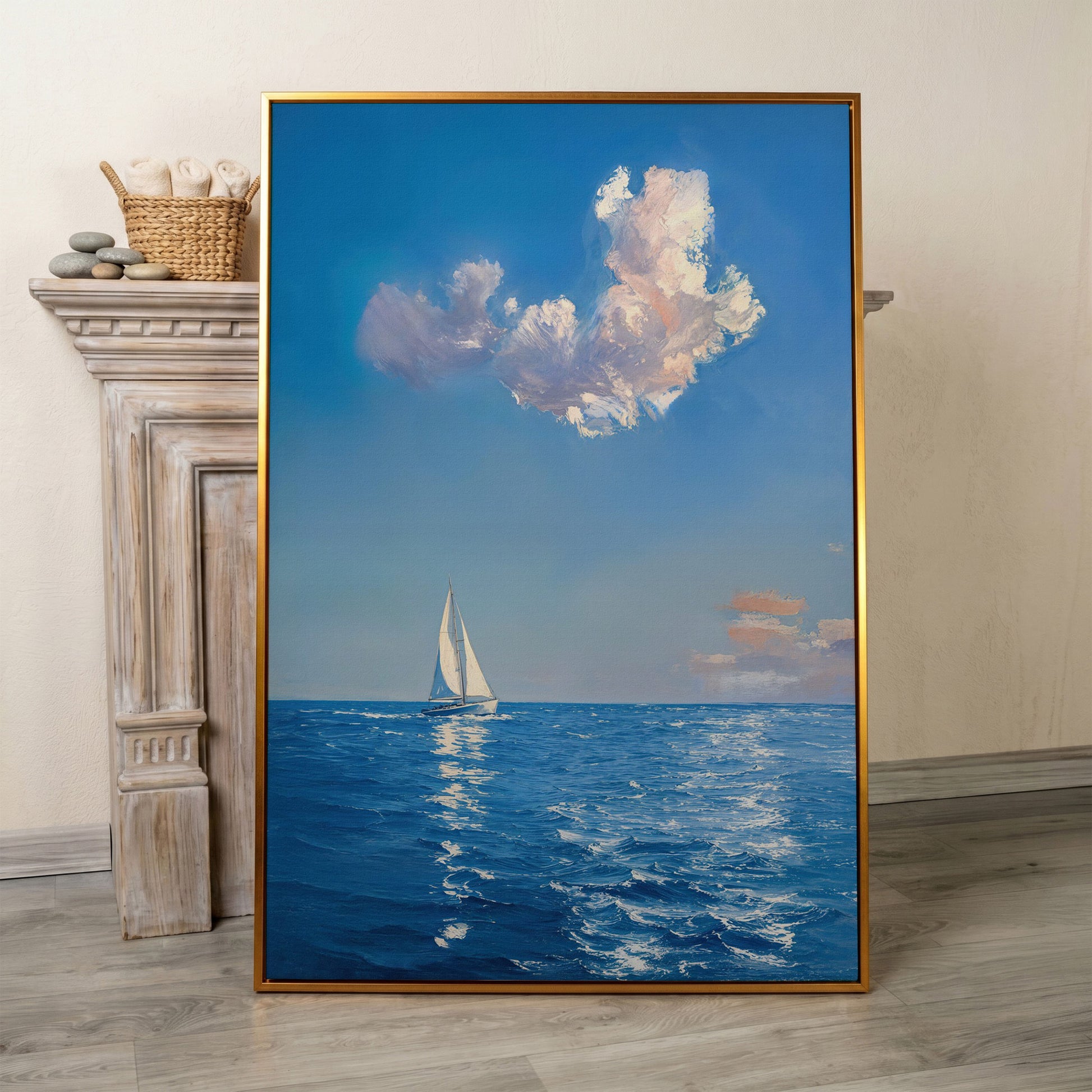 Sailing Ship in Calm Waters Canvas in antique gold floating frame