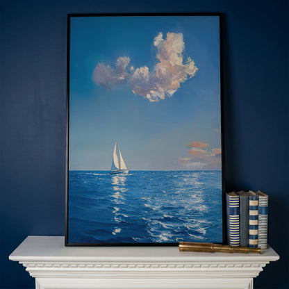 Sailing Ship in Calm Waters Canvas in black floating frame