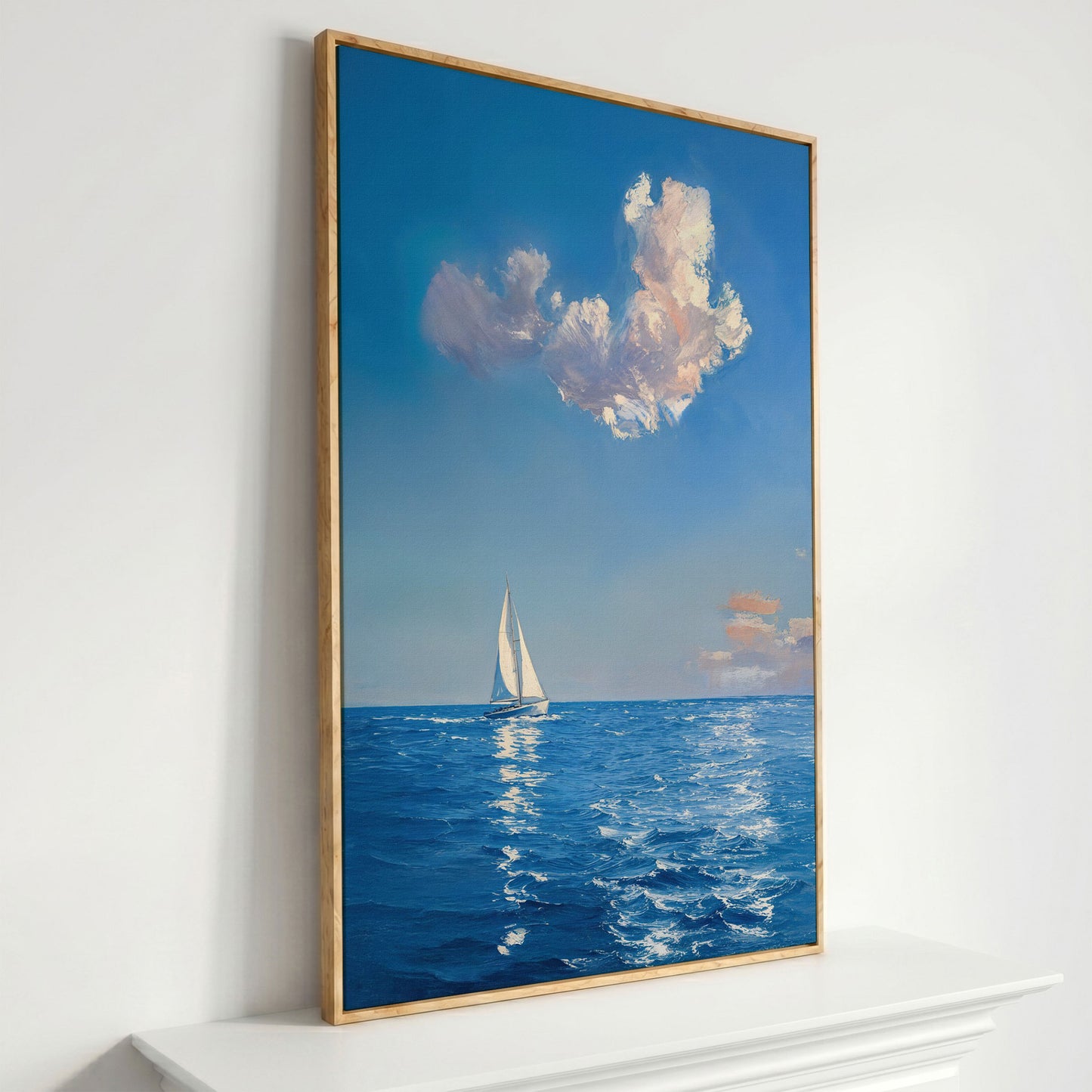 Sailing Ship in Calm Waters Canvas in white oak floating frame