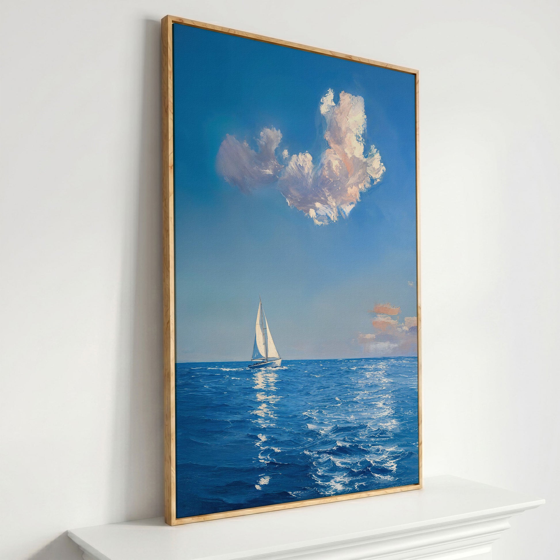 Sailing Ship in Calm Waters Canvas in white oak floating frame
