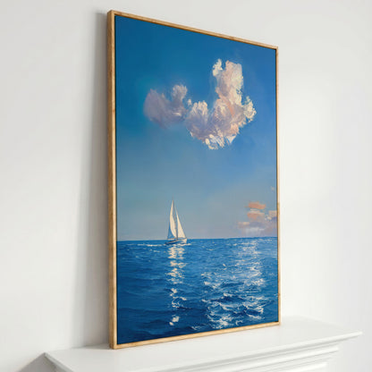 Sailing Ship in Calm Waters Canvas in white oak floating frame