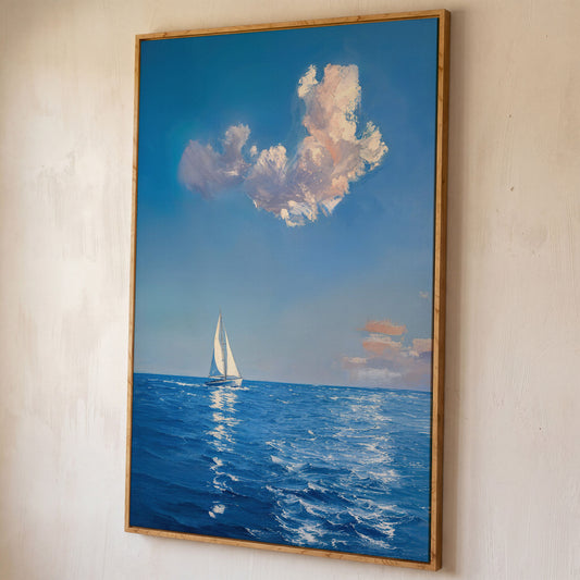 Sailing Ship in Calm Waters Canvas shown in white oak floating frame