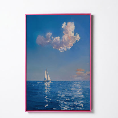 Sailing Ship in Calm Waters Canvas in pink floating frame