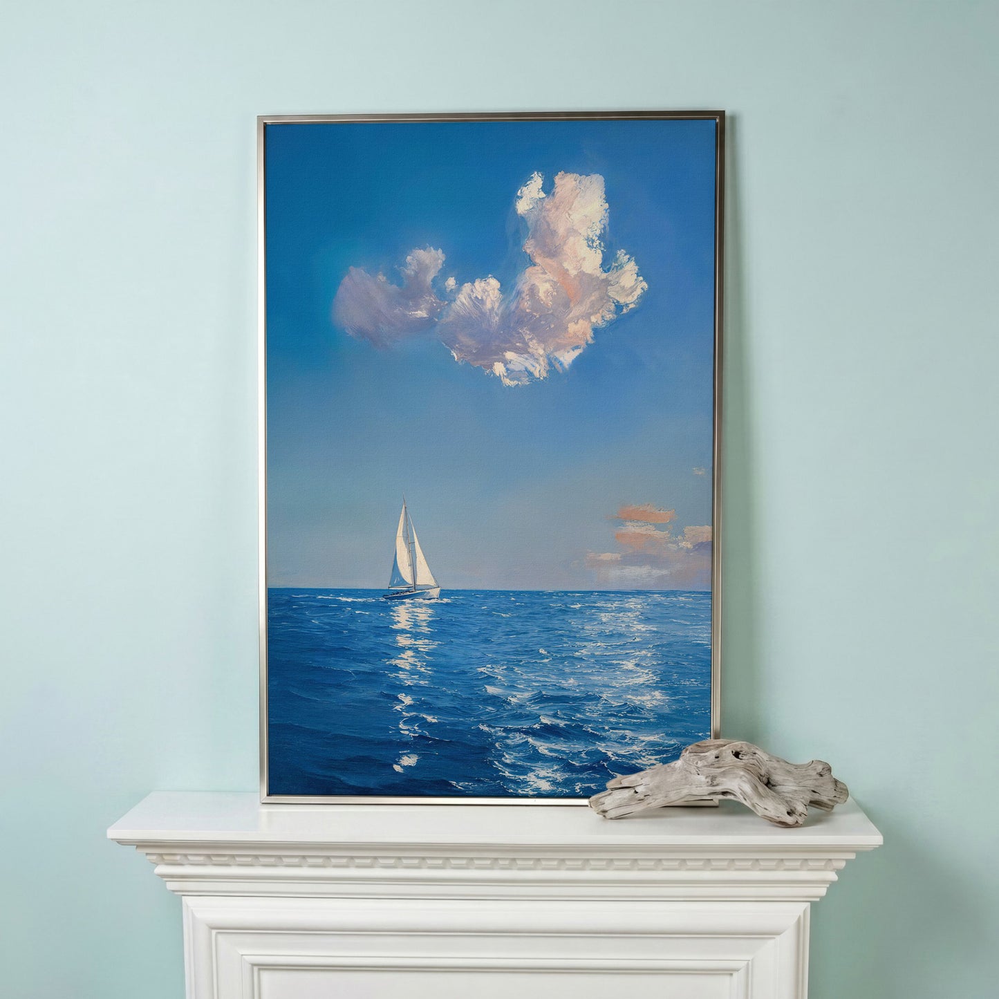 Sailing Ship in Calm Waters Canvas in silver floating frame