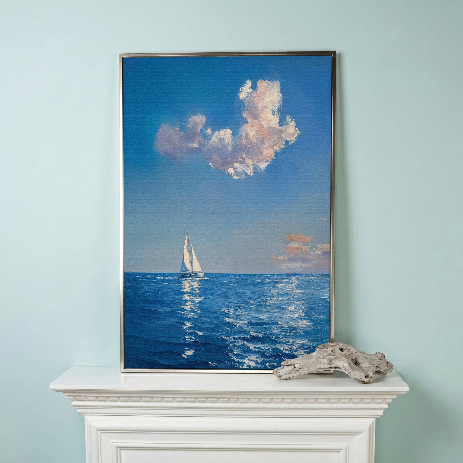 Sailing Ship in Calm Waters Canvas in silver floating frame