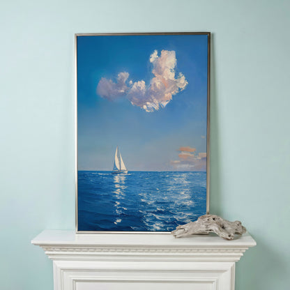 Sailing Ship in Calm Waters Canvas in silver floating frame