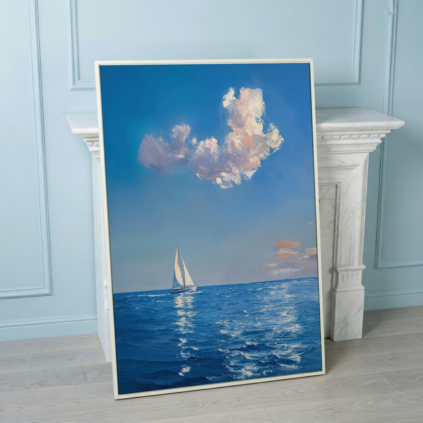 Sailing Ship in Calm Waters Canvas in white floating frame