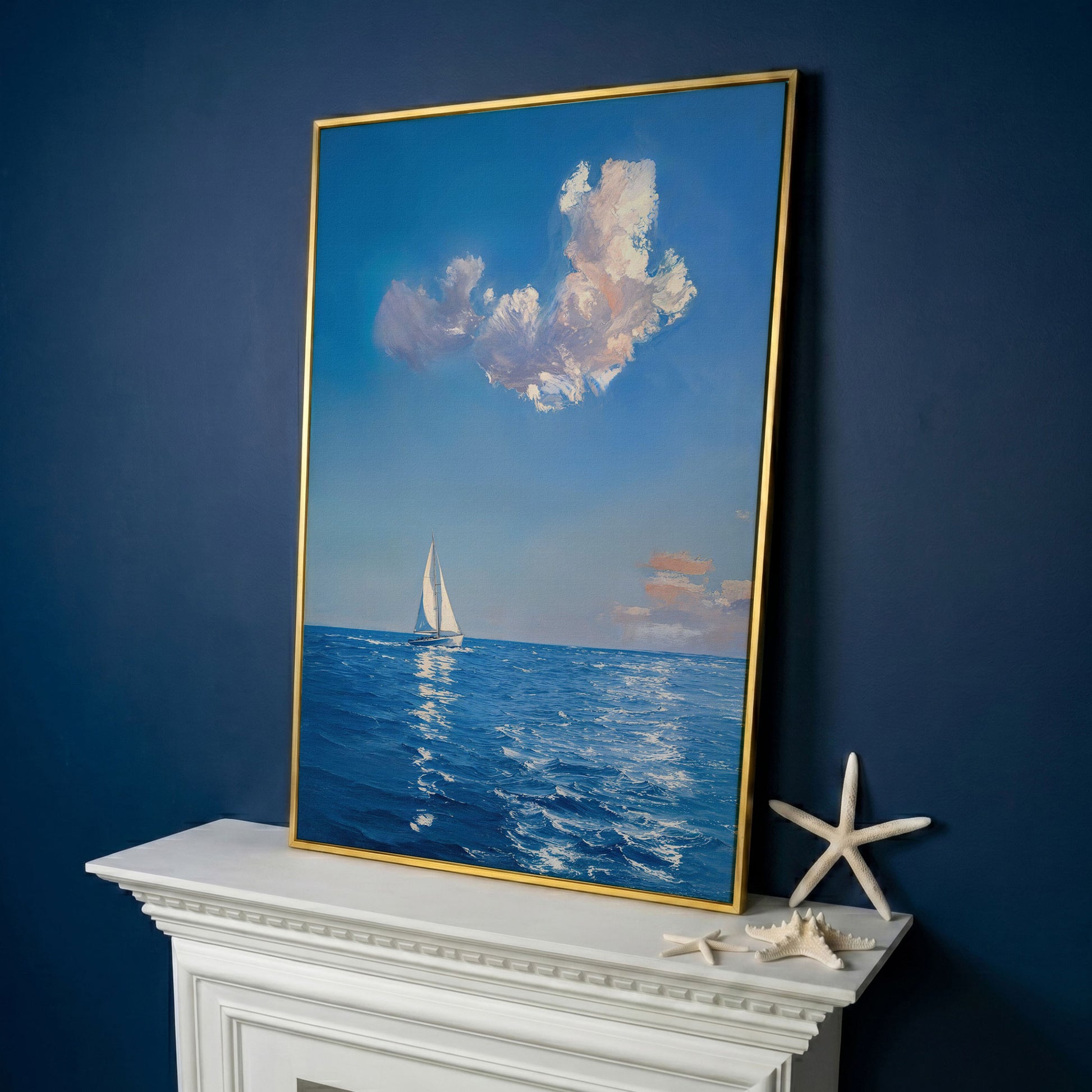 Sailing Ship in Calm Waters Canvas in yellow gold floating frame