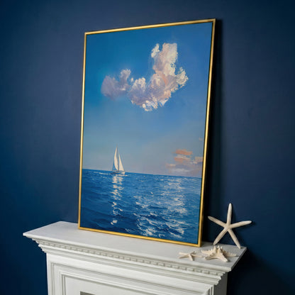 Sailing Ship in Calm Waters Canvas in yellow gold floating frame