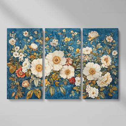 Vintage Botanical Spring Flowers Canvas Print as 3-panel split version