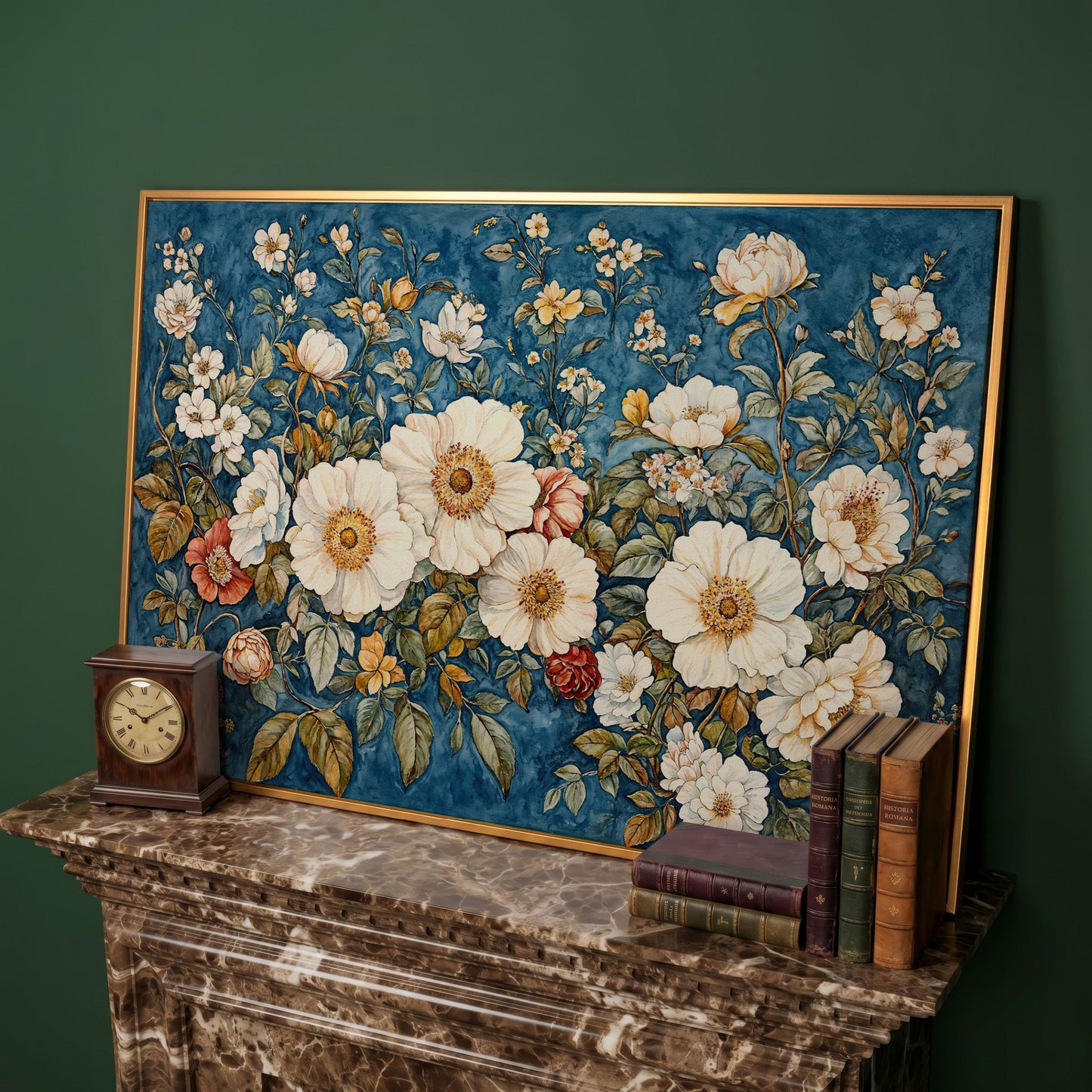 Vintage Botanical Spring Flowers Canvas Print in antique gold floating frame