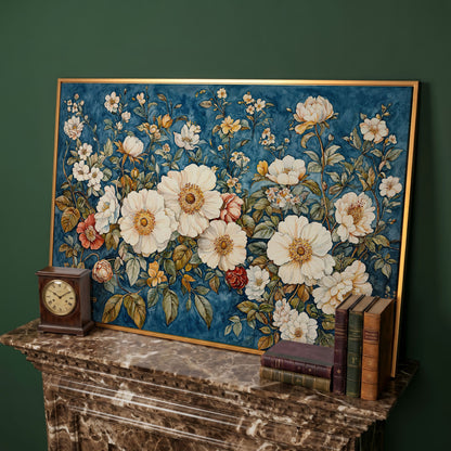 Vintage Botanical Spring Flowers Canvas Print in antique gold floating frame