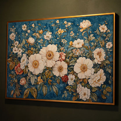 Vintage Botanical Spring Flowers Canvas Print shown in antique gold floating frame