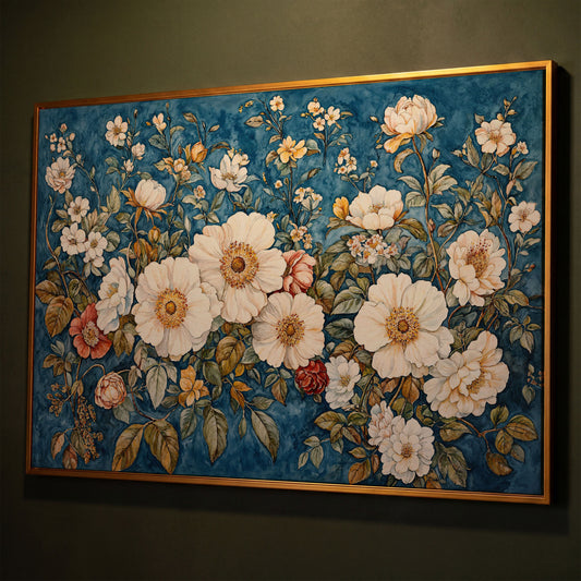 Vintage Botanical Spring Flowers Canvas Print shown in antique gold floating frame