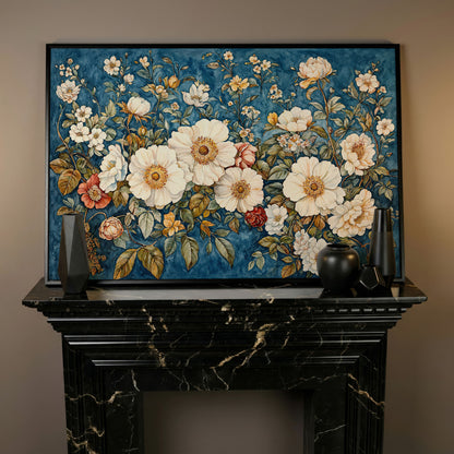 Vintage Botanical Spring Flowers Canvas Print in black floating frame