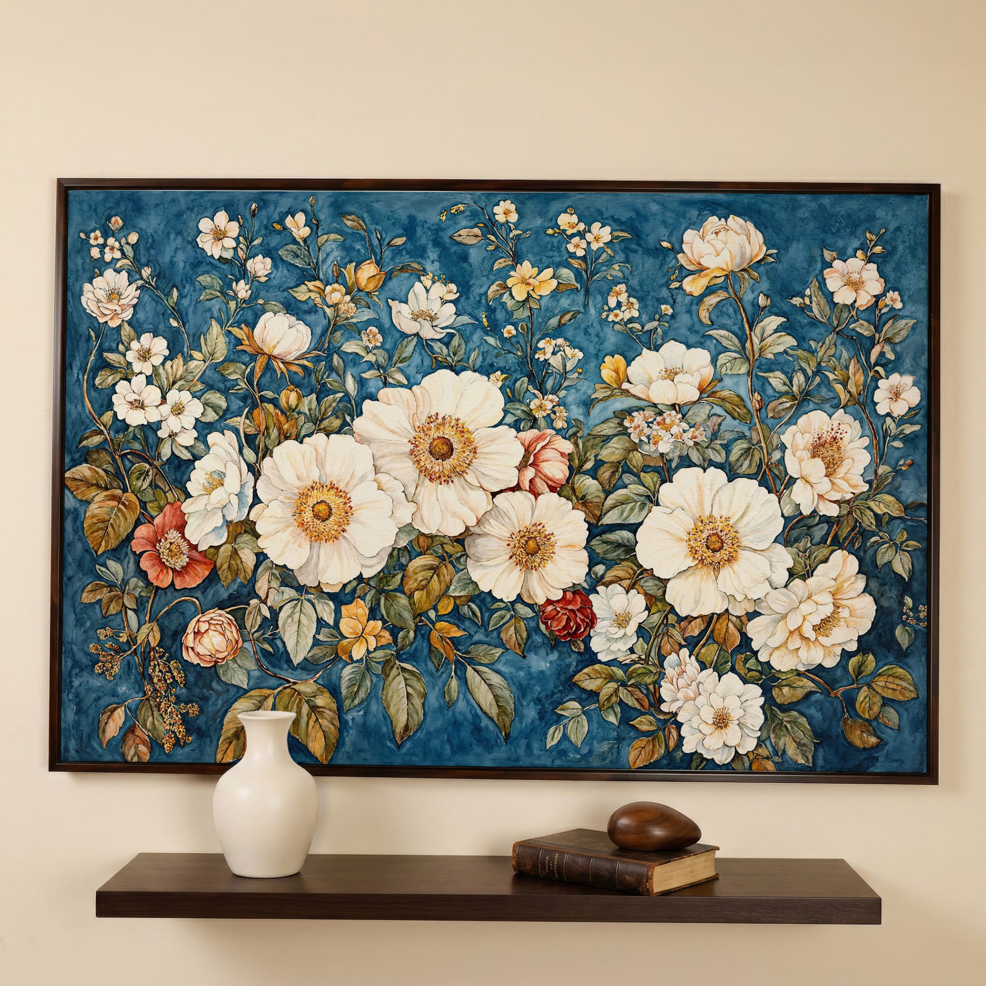 Vintage Botanical Spring Flowers Canvas Print in dark walnut floating frame