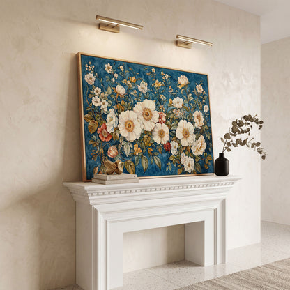 Vintage Botanical Spring Flowers Canvas Print in white oak floating frame