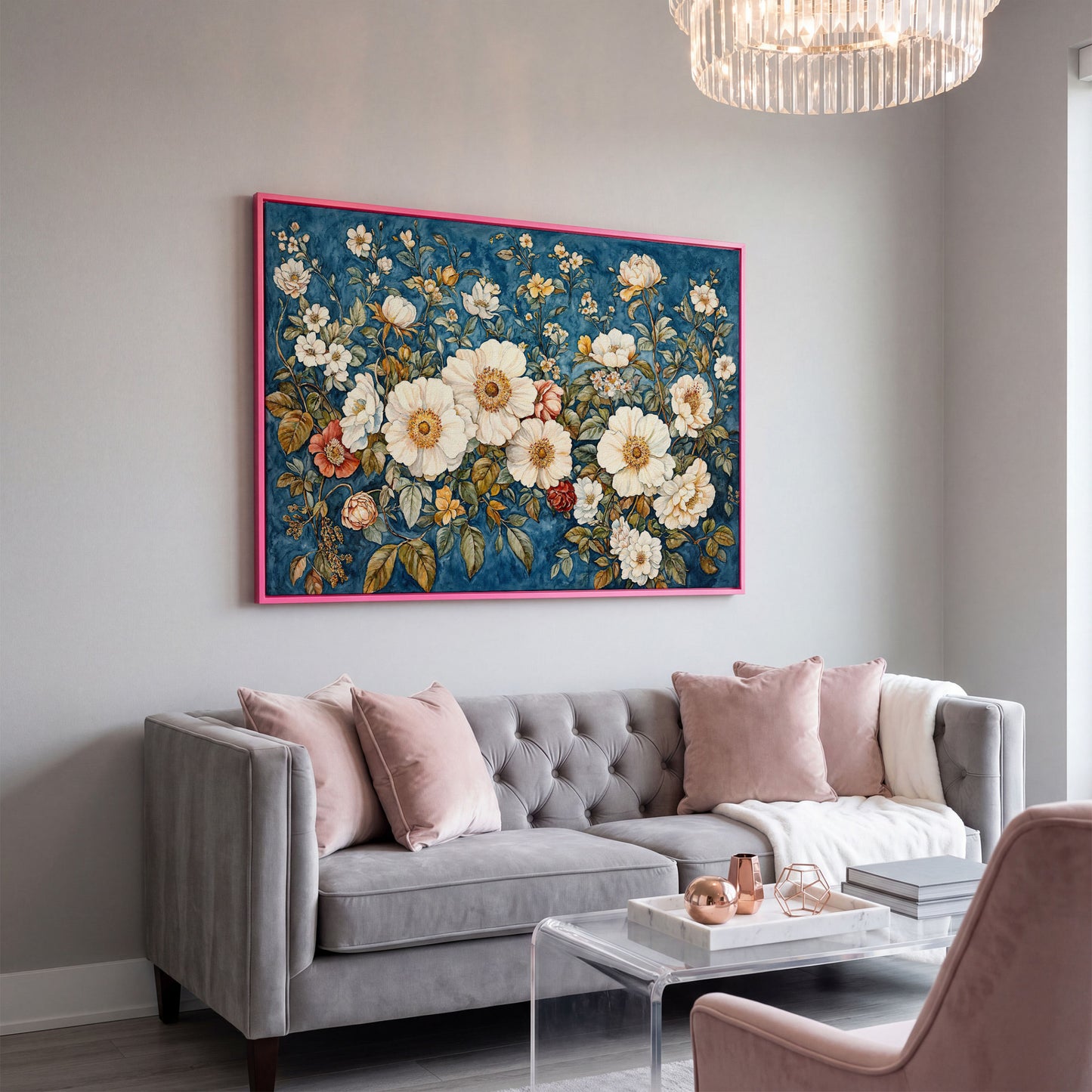 Vintage Botanical Spring Flowers Canvas Print in pink floating frame