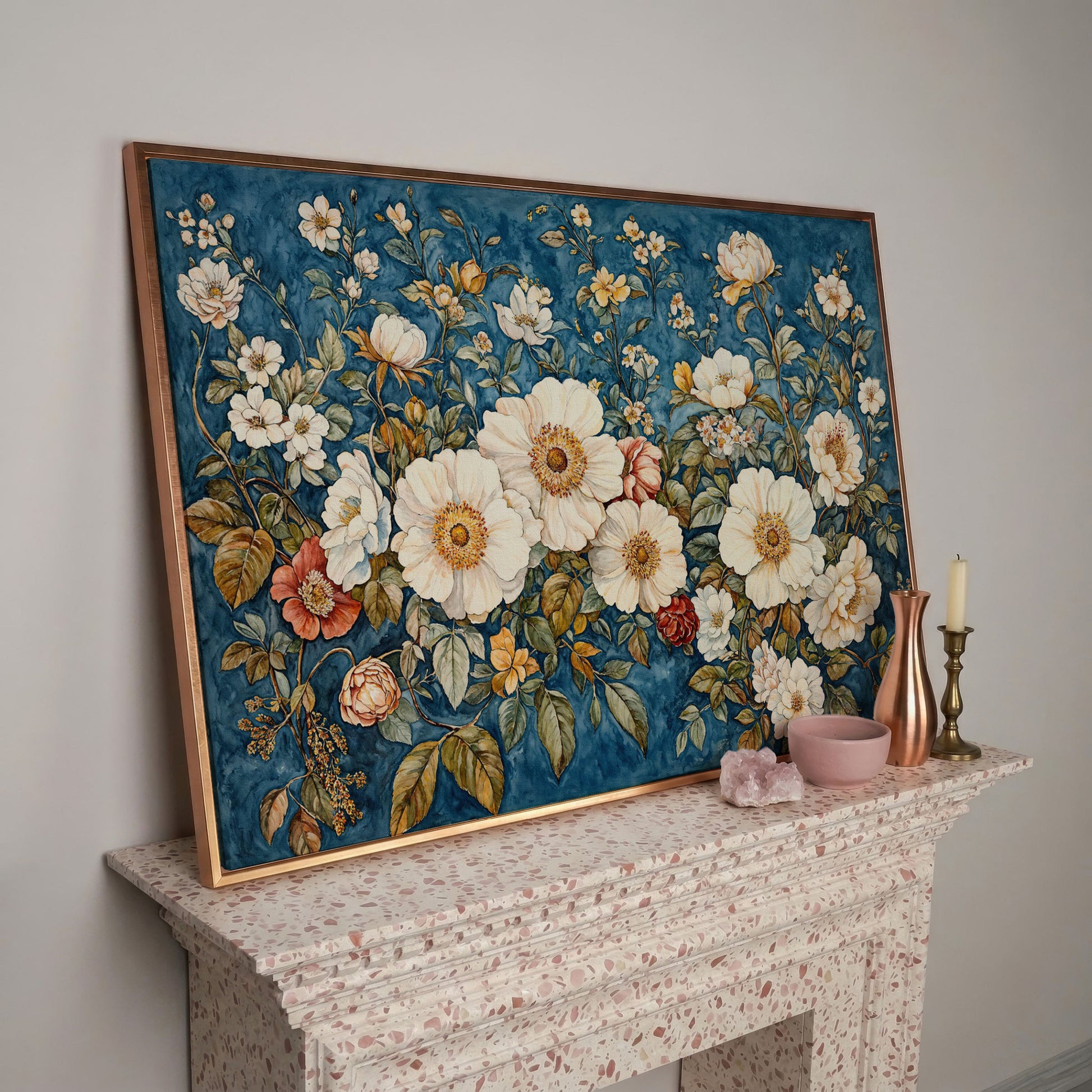 Vintage Botanical Spring Flowers Canvas Print in rose gold floating frame