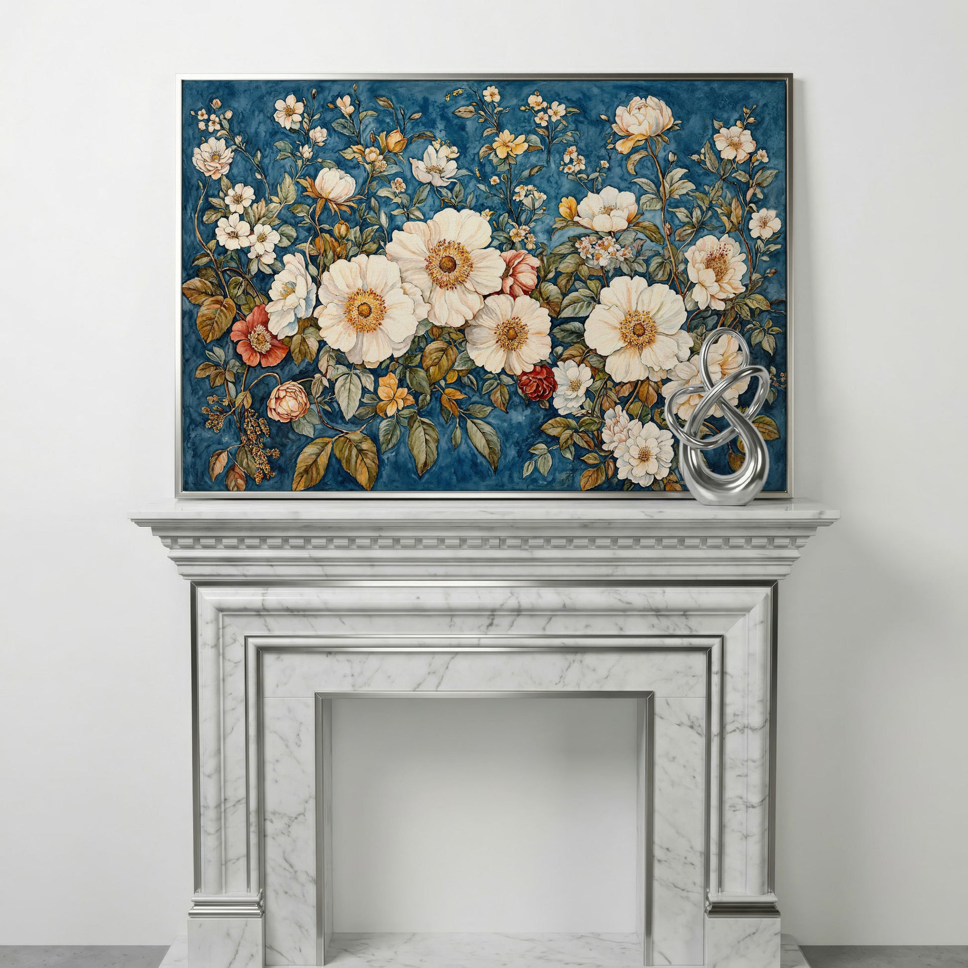 Vintage Botanical Spring Flowers Canvas Print in silver floating frame