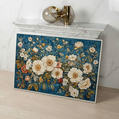 Vintage Botanical Spring Flowers Canvas Print in white floating frame