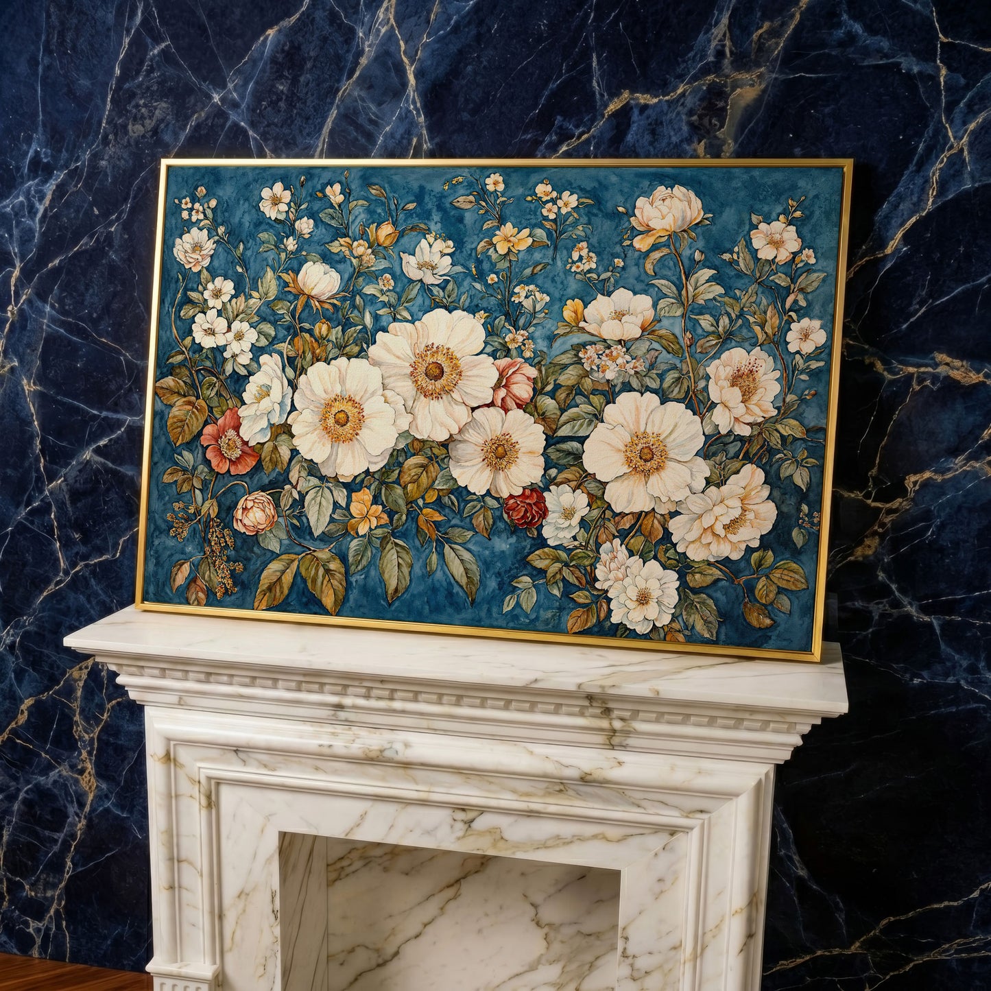Vintage Botanical Spring Flowers Canvas Print in yellow gold floating frame