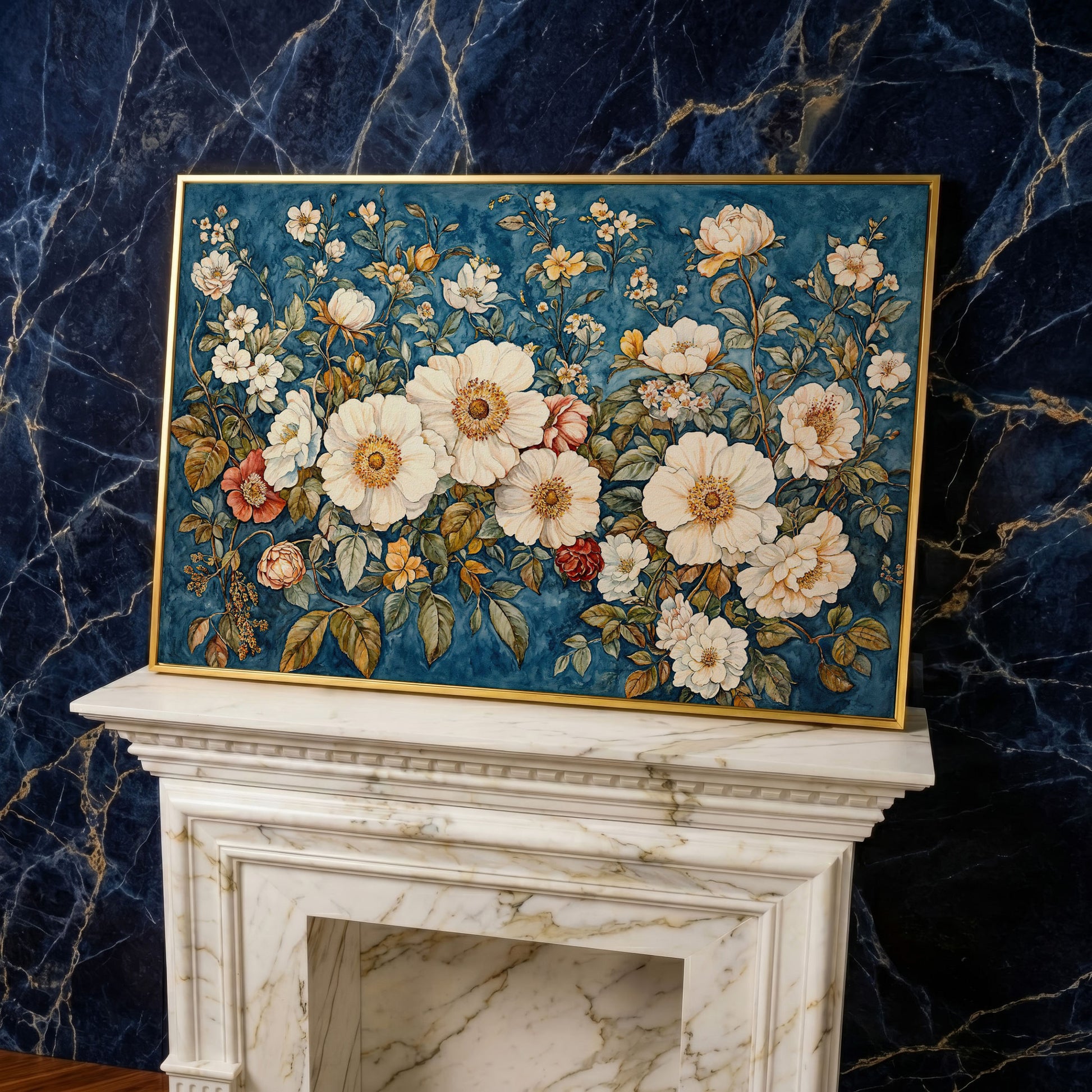 Vintage Botanical Spring Flowers Canvas Print in yellow gold floating frame