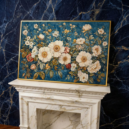 Vintage Botanical Spring Flowers Canvas Print in yellow gold floating frame