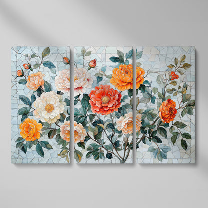 Vibrant Botanical Flowers Canvas as 3-panel split version