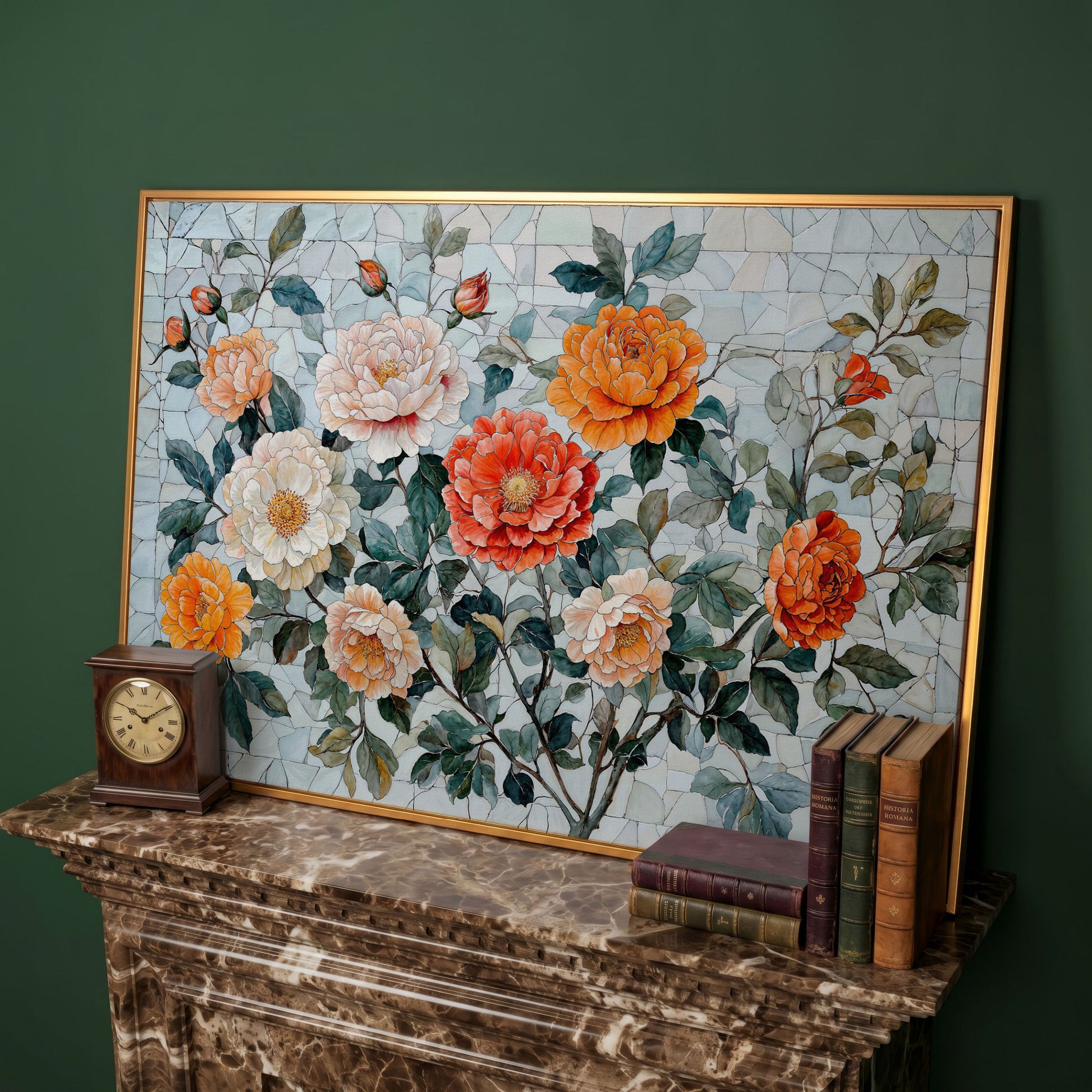 Vibrant Botanical Flowers Canvas in antique gold floating frame