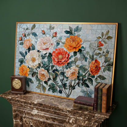Vibrant Botanical Flowers Canvas in antique gold floating frame