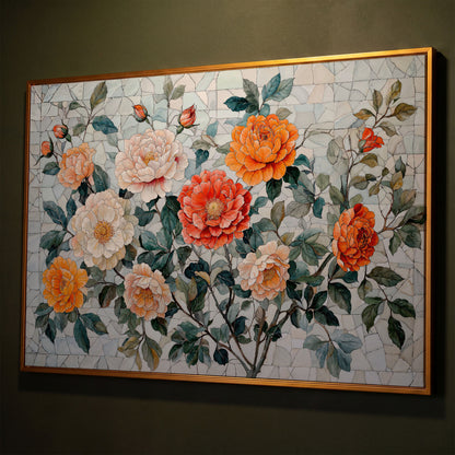 Vibrant Botanical Flowers Canvas shown in antique gold floating frame